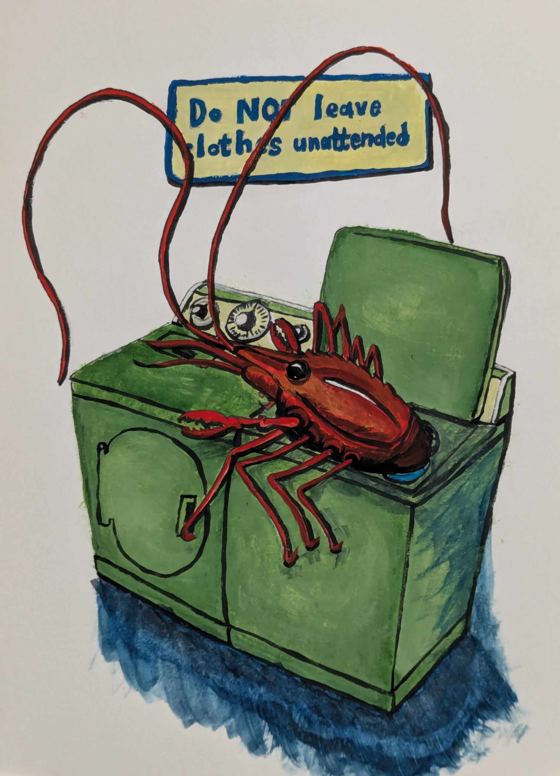 Giant Shrimp in the Laundry Room painted in gouache on 9x12 140 lb watercolor paper