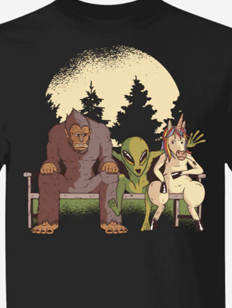 Unicorn Friends Teeshirt bigfoot grey alien and unicorn on moonlit bench