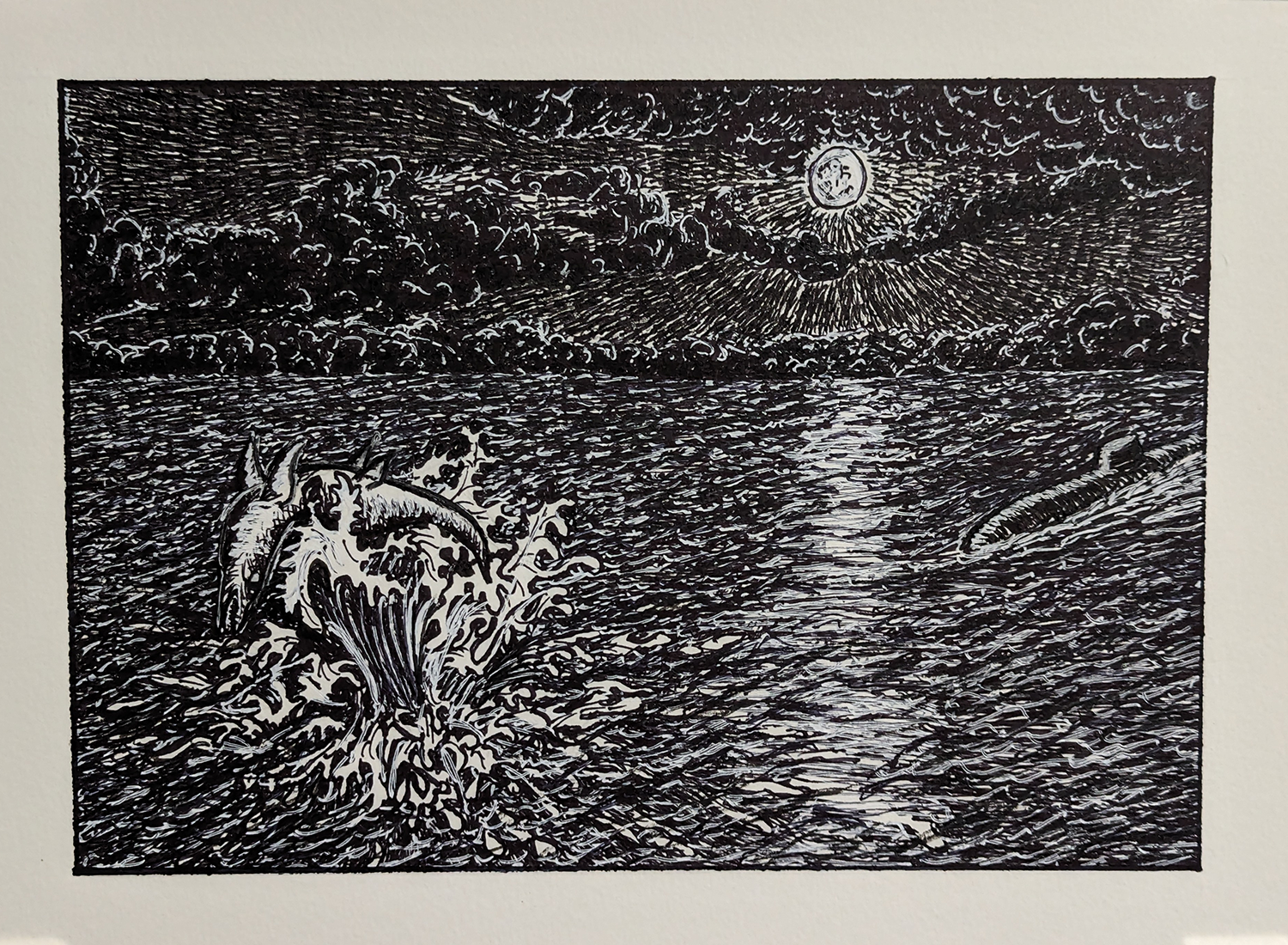 The U28 creature being basted out of the water by an explosion from a ship sank by german Uboat u28 during world war 1 under a moonlit sky pen and ink drawing